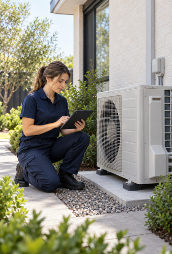 Technician inspecting an outdoor heating and cooling unit | Energy Efficient