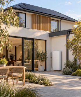Modern double-storey home with rooftop solar and a courtyard battery | Energy Efficient