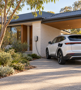 Electric vehicle charging beside a contemporary Australian home | Energy Efficient